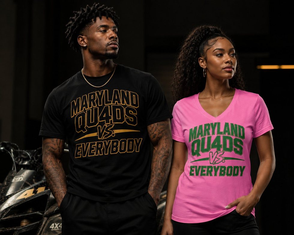 Maryland Qu4ds vs. Everybody t-shirt design, shown in a black and old gold colorway and a pink and green colorway